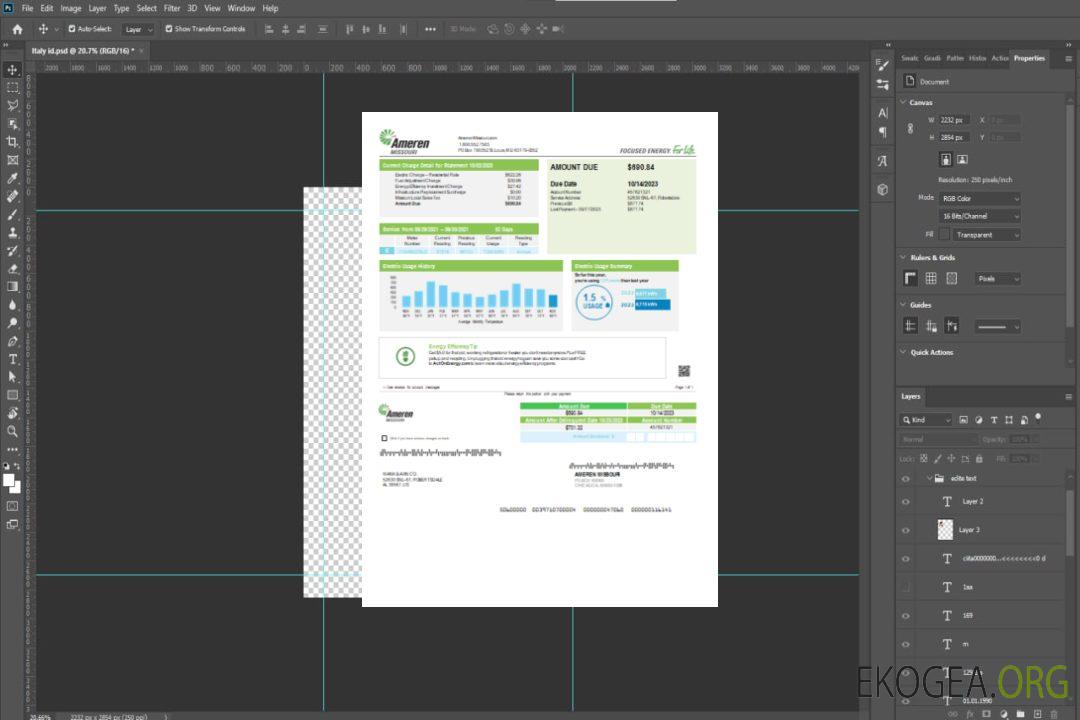 Facture commerciale du service public d'électricité d'Ameren Missouri, page 1, SCR template
